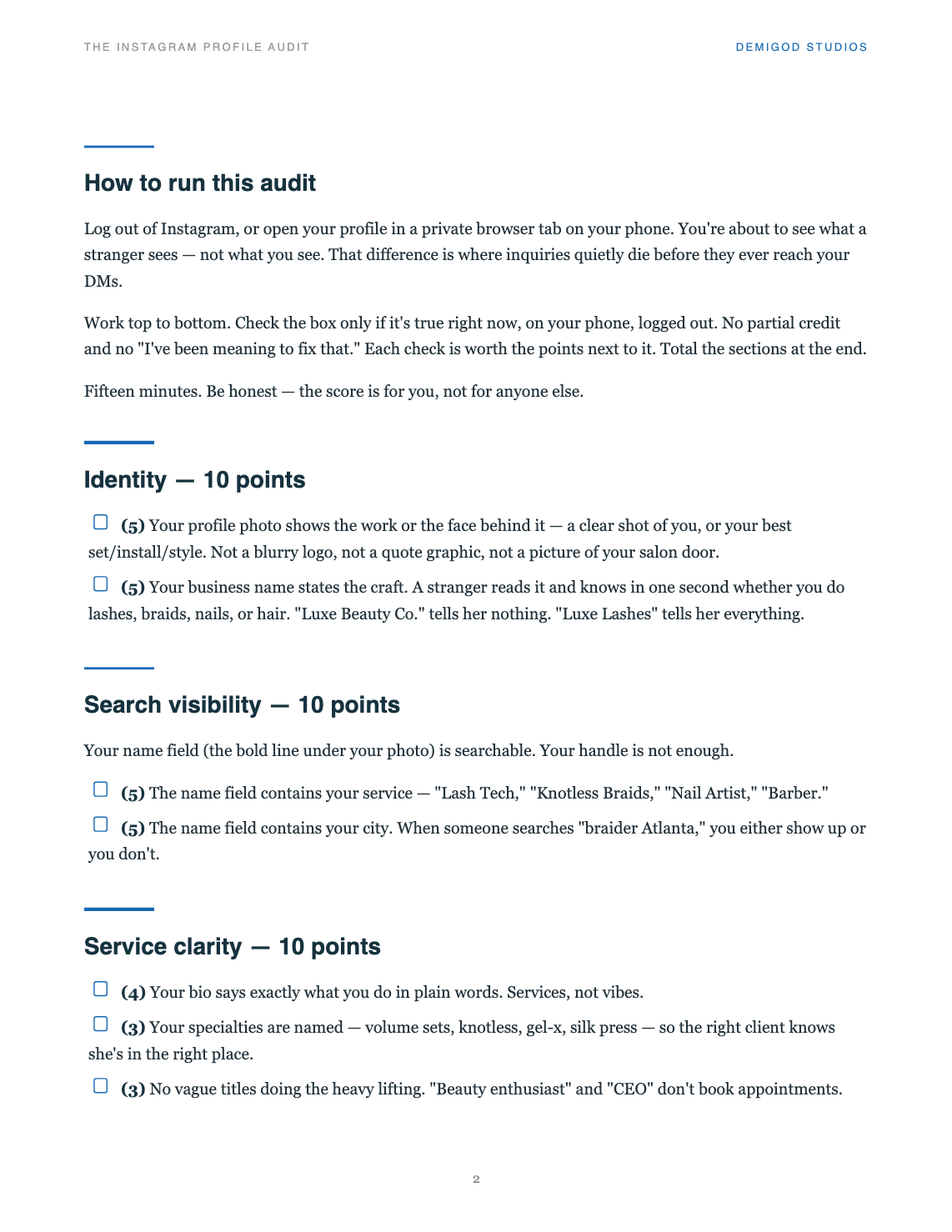 Instagram Profile Audit &mdash; scored checklist