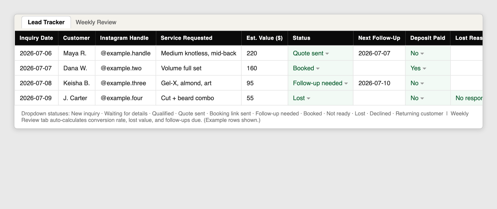 Lead tracker spreadsheet with status dropdowns